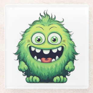 Smiling Cute Green Monster Cartoon Glass Coaster