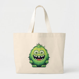 Smiling Cute Green Monster Cartoon Large Tote Bag