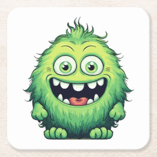 Smiling Cute Green Monster Cartoon Square Paper Coaster