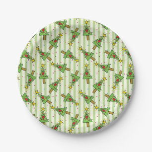 Smiling Cute Illustrated Christmas Tree Pattern Paper Plate