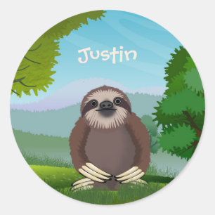 Smiling Cute Sloth Monogrammed Classic Round Sticker