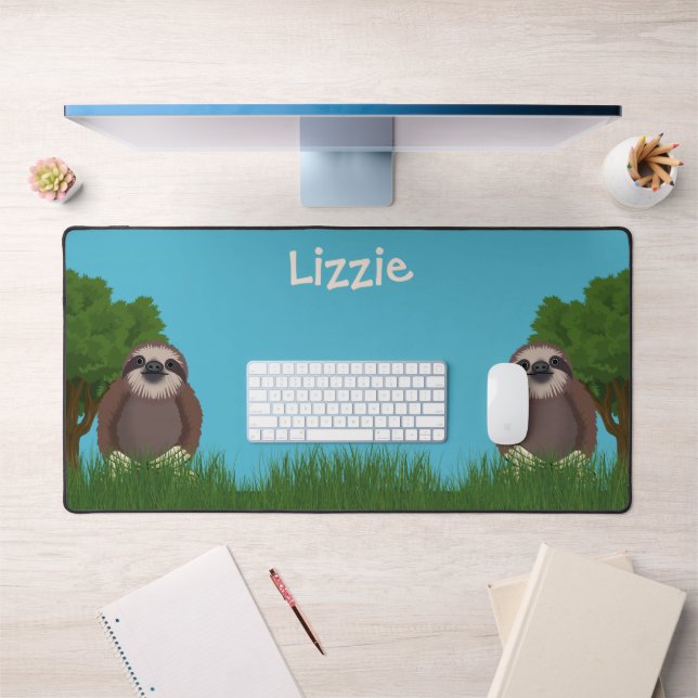 Smiling Cute Sloth Monogrammed Desk Mat (Office 1)