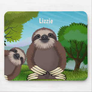 Smiling Cute Sloths Monogrammed Mouse Pad