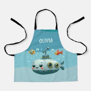 Smiling Cute Submarine with Fish and Bubbles Apron