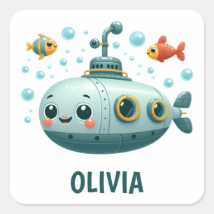 Smiling Cute Submarine with Fish and Bubbles Square Sticker