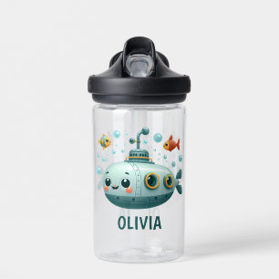 Smiling Cute Submarine with Fish and Bubbles Water Bottle