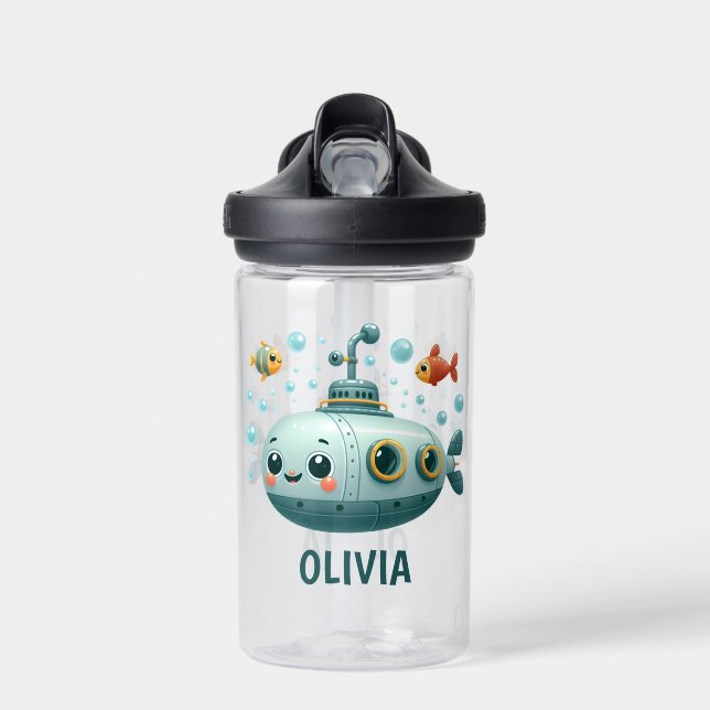 Smiling Cute Submarine with Fish and Bubbles Water Bottle (Front)