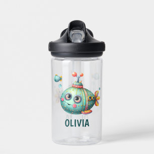Smiling Cute Submarine with Fish and Bubbles Water Bottle