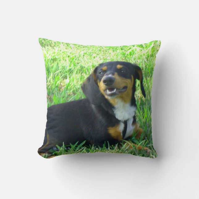 Smiling Dachshund Forest Green Throw Pillow (Front)