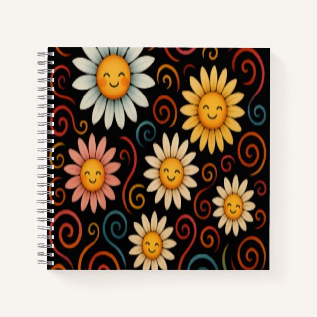 Smiling Daisies and Swirls Spiral Notebook (Front)