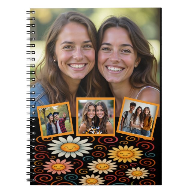 Smiling Daisies & Swirls Custom Photo Notebook (Front)