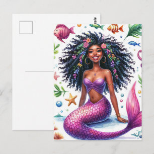 Smiling Dark-Skinned Mermaid With Pink Tail Postcard