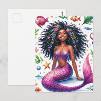 Smiling Dark-Skinned Mermaid With Pink Tail Postcard