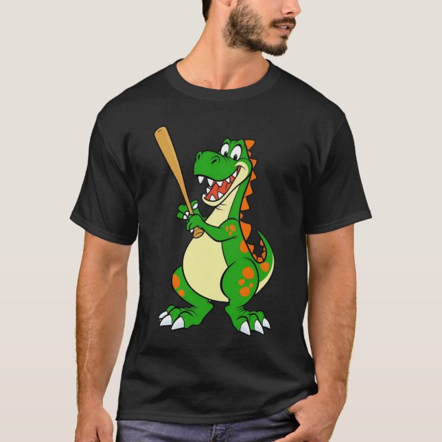 Smiling Dinosaur Playing Baseball T-Shirt (Front)