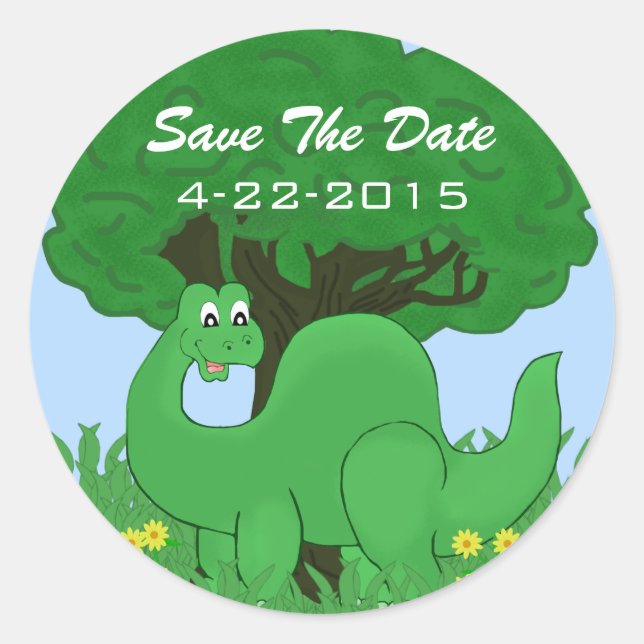 Smiling Dinosaur Save The Date Stickers (Front)