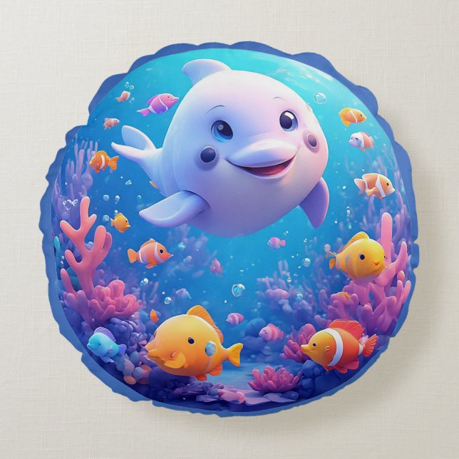 🌊 Smiling Dolphin in Bright Blue Waves 🐬✨ Round Cushion (Front)