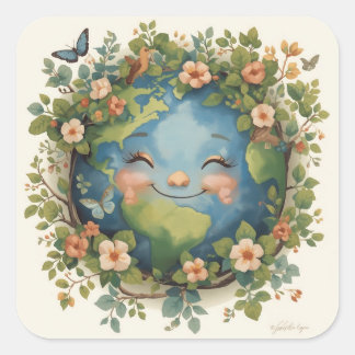 Smiling Earth Clipart – Happy Planet With Flowers Square Sticker