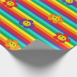 Smiling Emoji Daisies on Rainbow Stripes Wrapping Paper