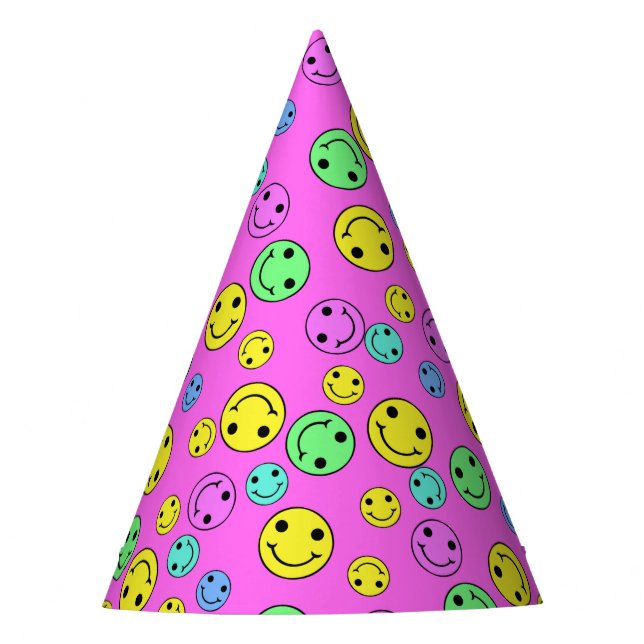 Smiling Emoji Faces II Pink Party Hat (Front)