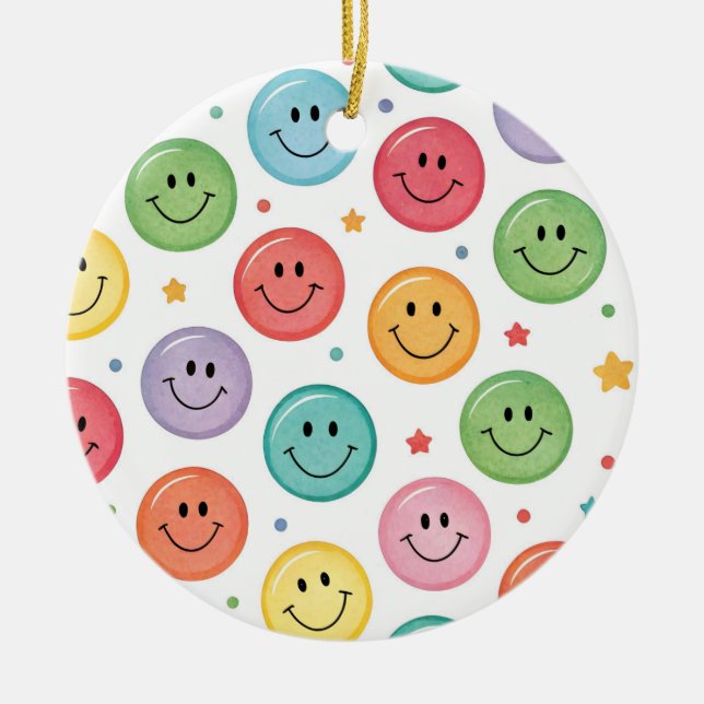 Smiling Emoji Pattern Ceramic Ornament (Front)