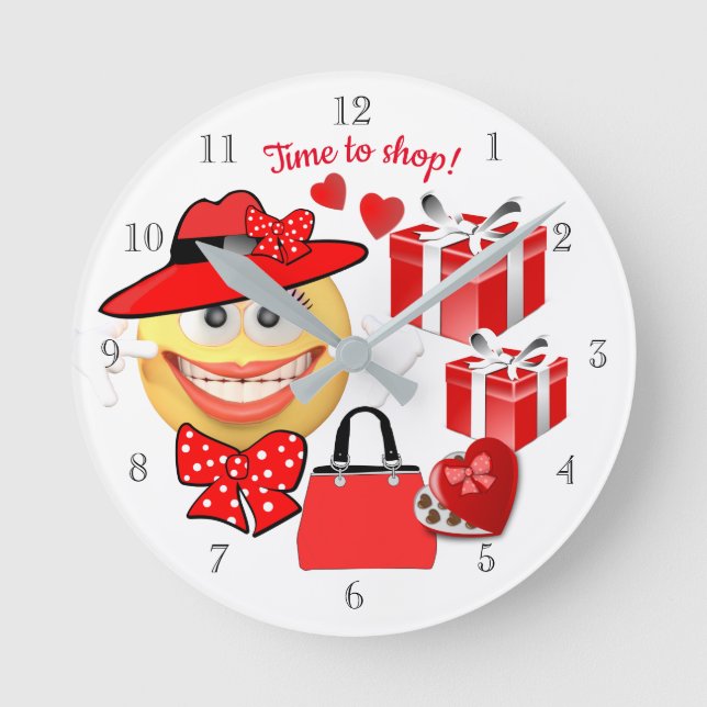 Smiling Emoji with Shopping, Time to Shop Round Clock (Front)