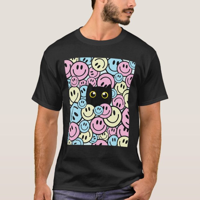 Smiling Face Happy Smile Cute Cat Pink Blue Yellow T-Shirt (Front)