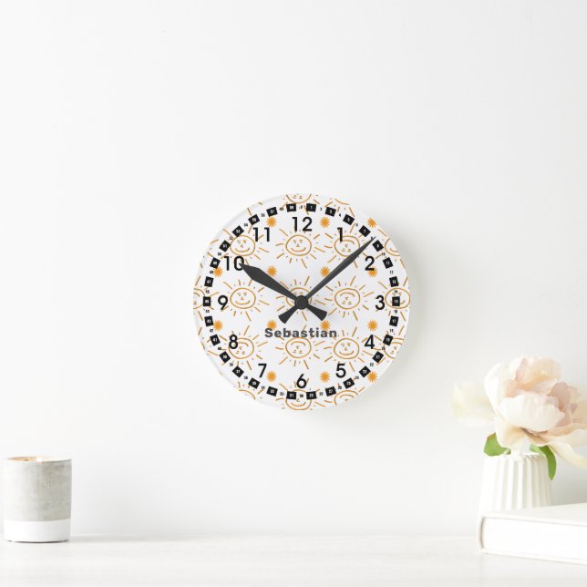 Smiling Face Sunshine Pattern Custom Name Round Clock (Home)