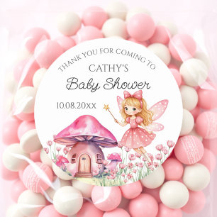 Smiling Fairy and Pink Mushrooms Baby Shower Classic Round Sticker