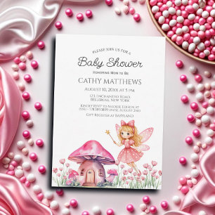 Smiling Fairy and Pink Mushrooms Baby Shower Invitation
