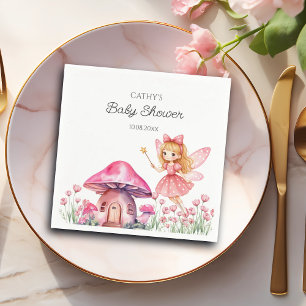 Smiling Fairy and Pink Mushrooms Baby Shower Napkin