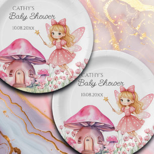 Smiling Fairy and Pink Mushrooms Baby Shower Paper Plate