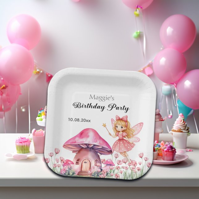 Smiling Fairy and Pink Mushrooms Birthday Party Paper Plate (Creator Uploaded)