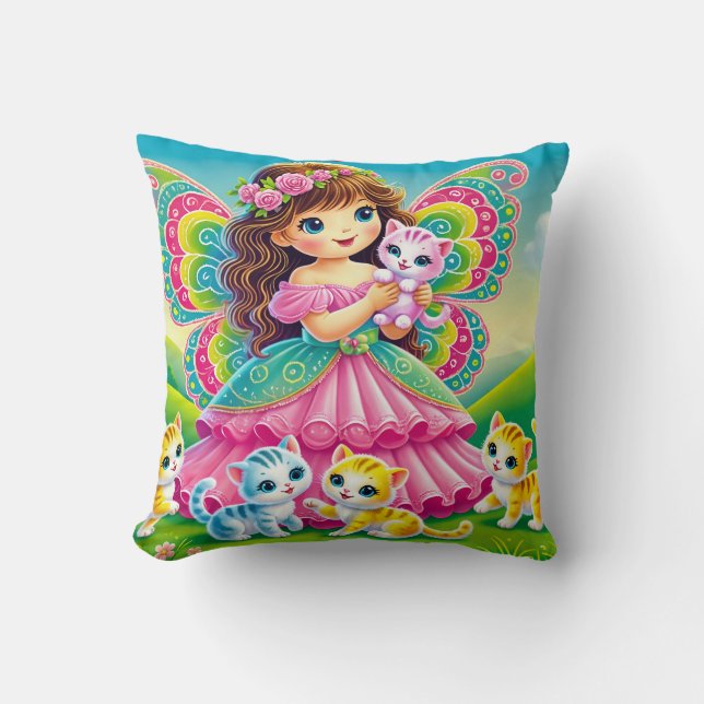 "SMILING FAIRY with KITTENS" - THROW PILLOW (Front)
