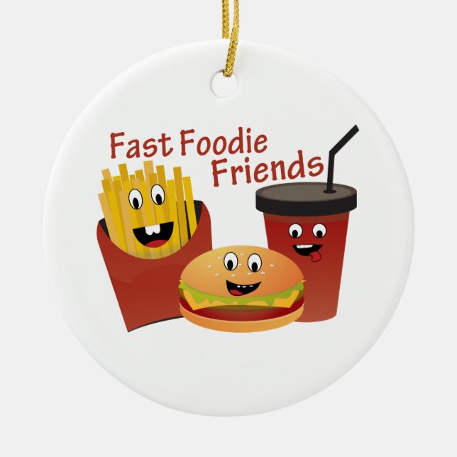 Smiling Fast Foodie Friends Ceramic Tree Decoration (Front)