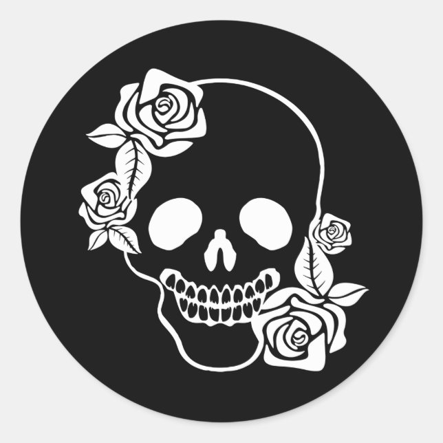 Smiling Floral Skull Classic Round Sticker (Front)