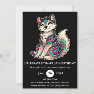 Smiling Floral Wolf Birthday Invitation