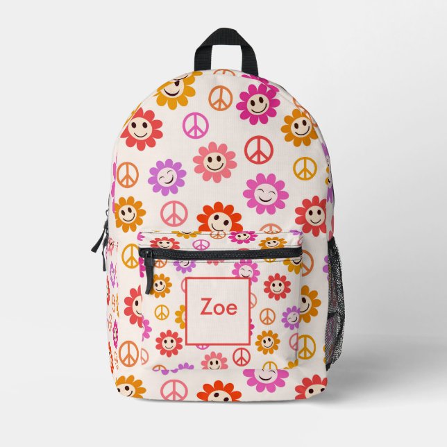 Smiling Flowers pattern with peace signs Girl Name Printed Backpack (Front)