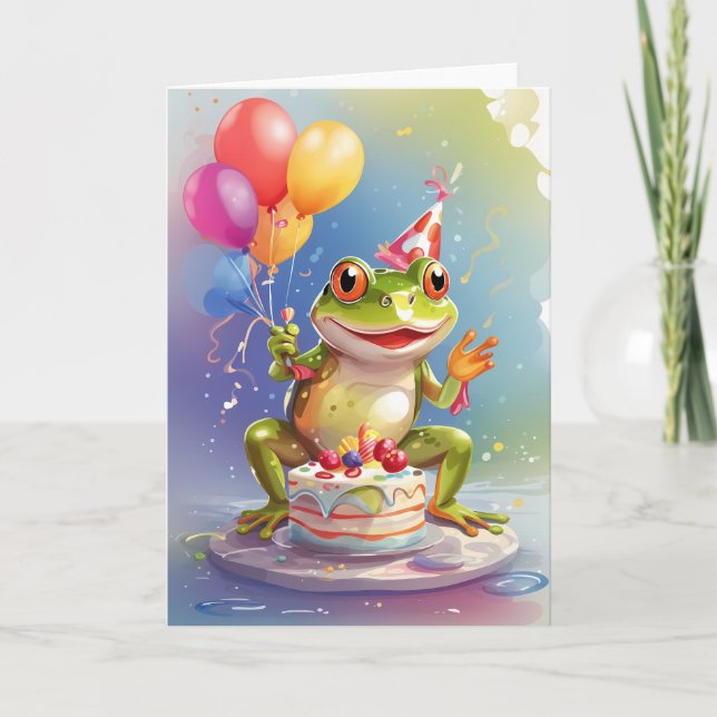 Smiling Frog Celebrating with Cake Card (Front)