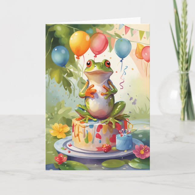 Smiling Frog on Cake Outdoors! Card (Front)