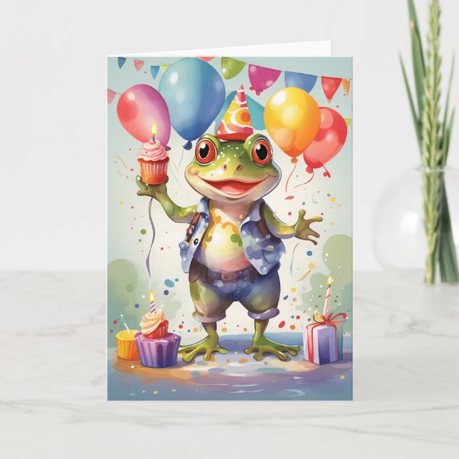 Smiling Frog with Cupcakes Card (Front)