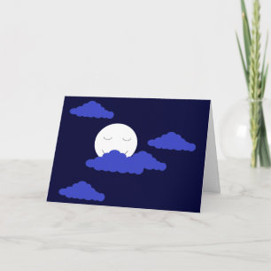 Smiling Full Moon with Clouds: Dark Blue Blank Card