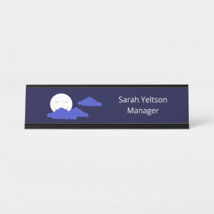 Smiling Full Moon with Clouds: Dark Blue Desk Name Plate