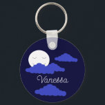 Smiling Full Moon with Clouds: Dark Blue Key Ring<br><div class="desc">It's nighttime. The moon is smiling and happy. The sky is a beautiful dark blue with puffy, lighter blue clouds. It's going to be a nice night. Keep the name, change it, or delete it. You can even add more words. You can also alter the appearance of the letters. Feel...</div>