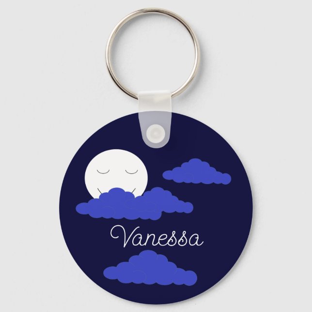 Smiling Full Moon with Clouds: Dark Blue Key Ring (Back)