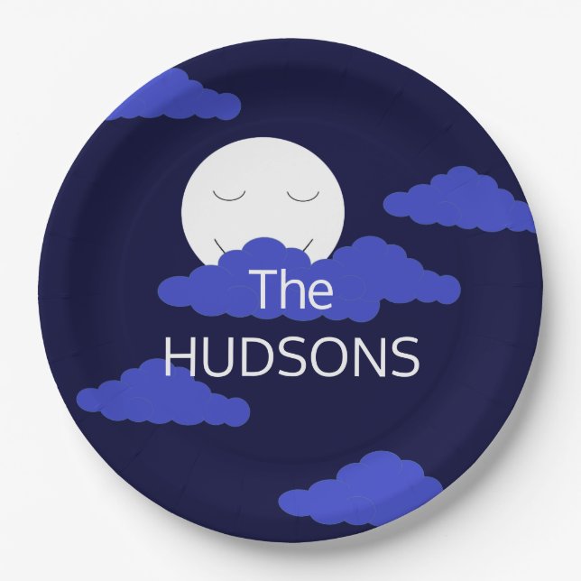 Smiling Full Moon with Dark Clouds: Paper Plate (Front)