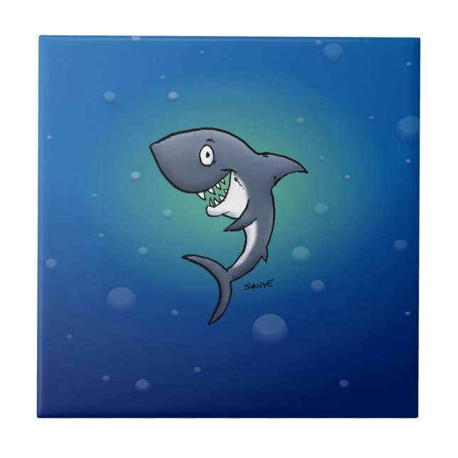 Smiling Funny Shark on Blue Background Ceramic Tile (Front)