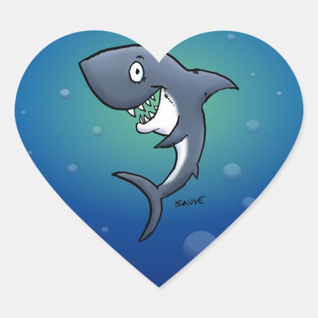 Smiling Funny Shark on Blue Background Heart Sticker (Front)