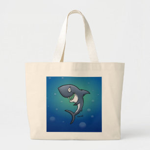 Smiling Funny Shark on Blue Background Large Tote Bag