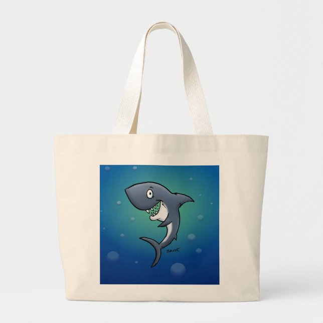 Smiling Funny Shark on Blue Background Large Tote Bag (Front)