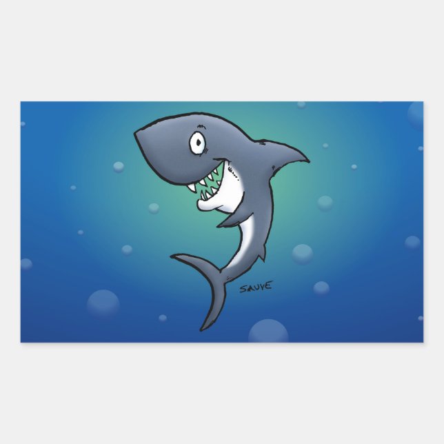 Smiling Funny Shark on Blue Background Rectangular Sticker (Front)
